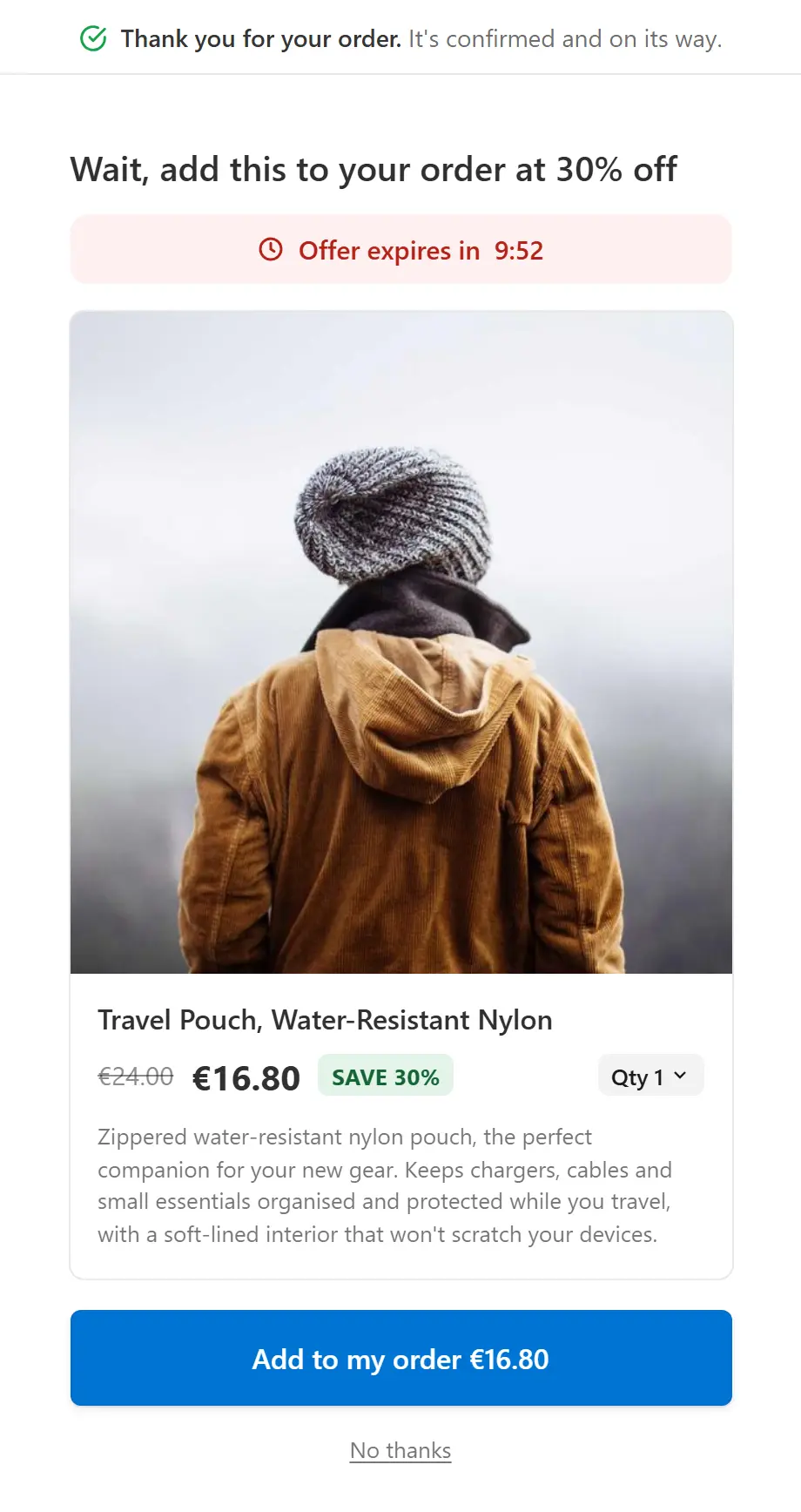 L'offre après achat, après le paiement : message de remerciement, un produit à -30 % avec un compte à rebours, et le bouton d'ajout à la commande.