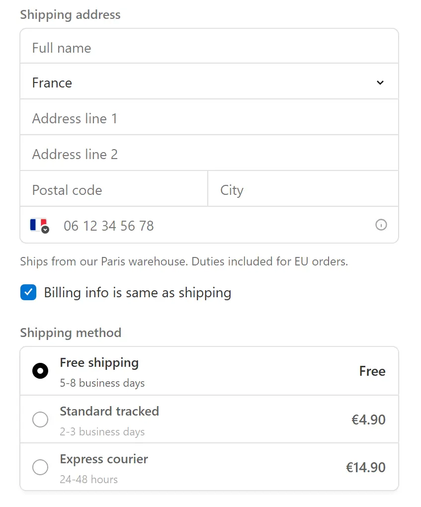L'adresse de livraison et les transporteurs de la boutique avec leurs prix, dans le paiement Tchentchen.