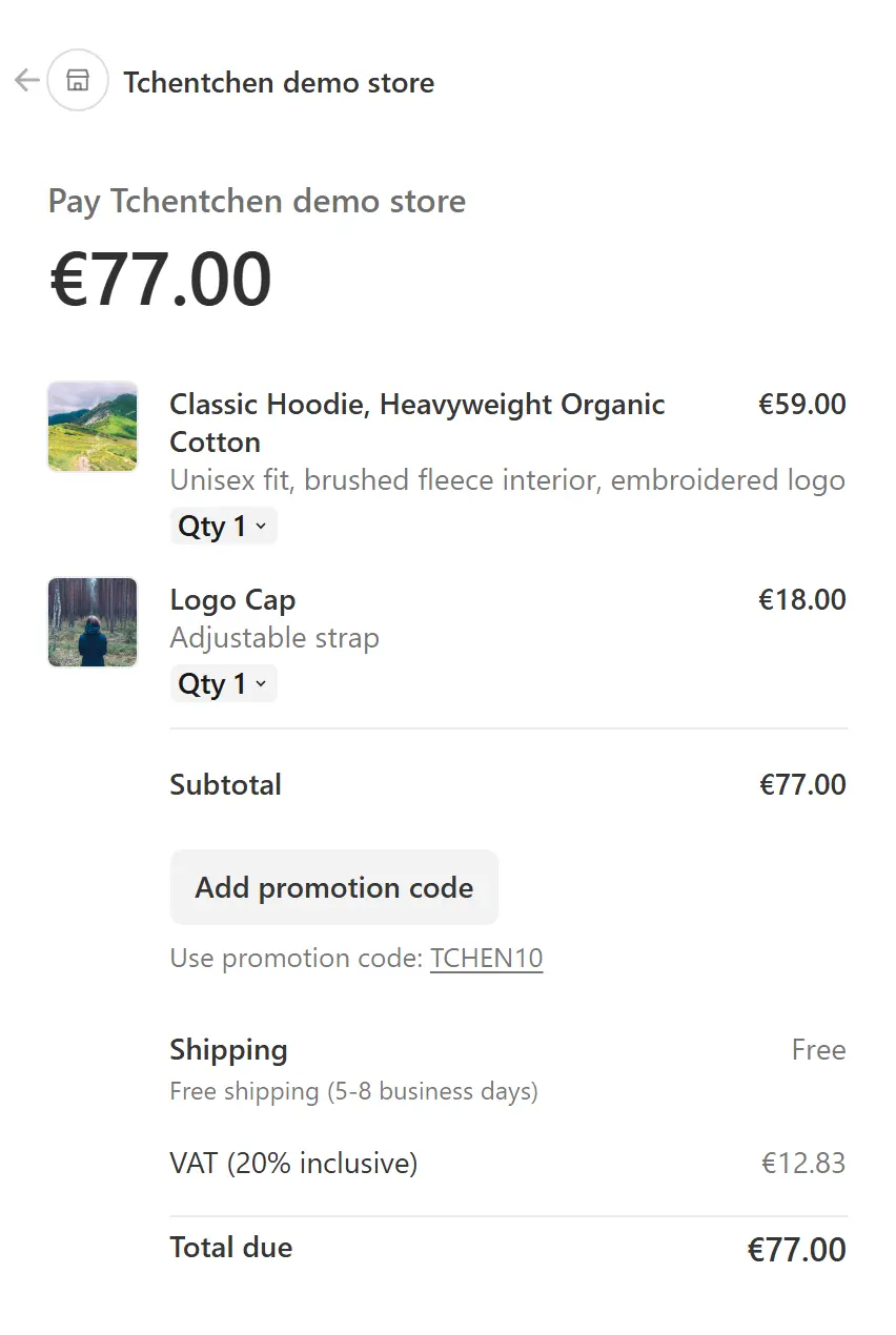 Le récapitulatif de commande du paiement Tchentchen, à l'adresse de la boutique.